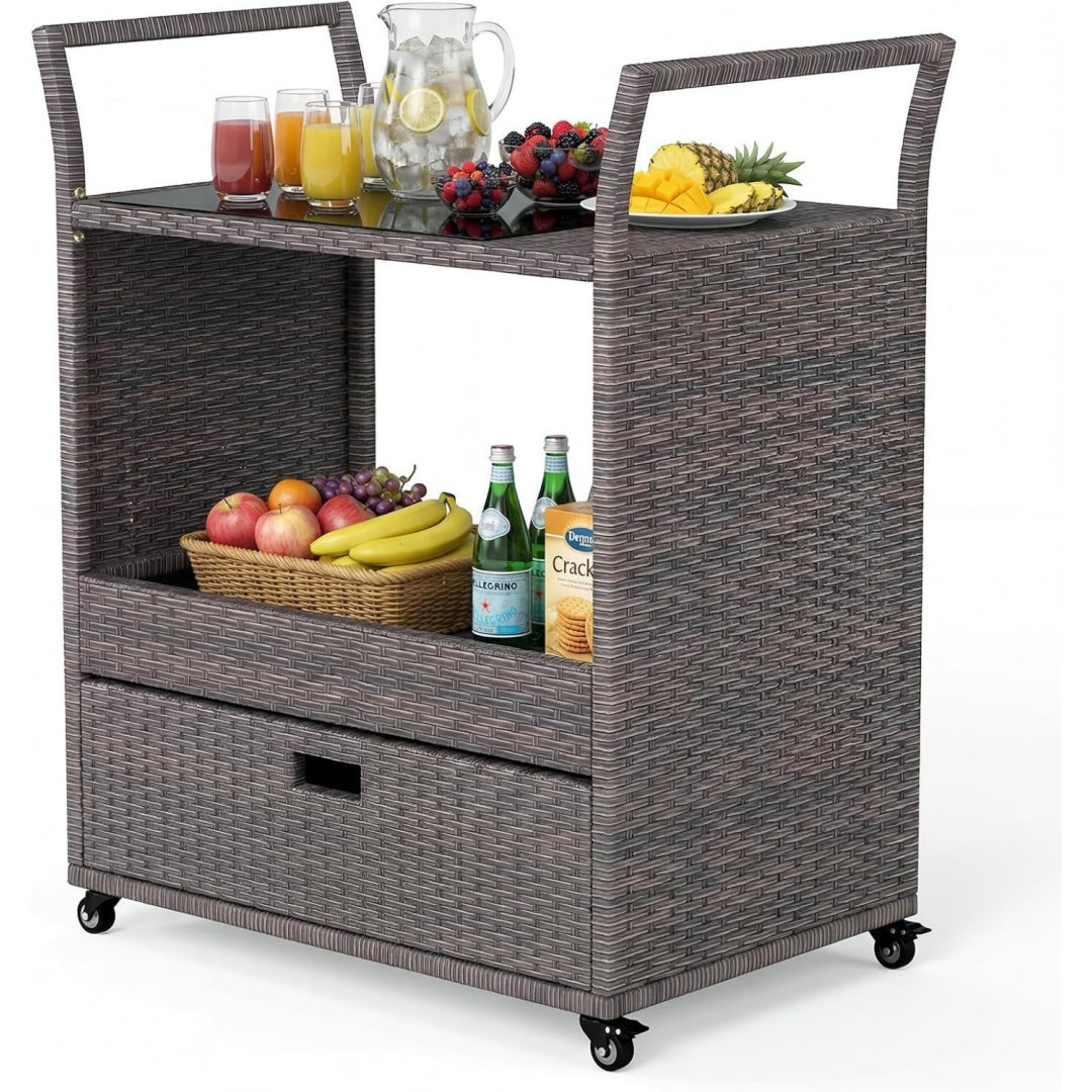 Tavolo SOARS Carrello Bar in Rattan PE, Tavolo Bar da Esterno con Ruote, Ripiano A