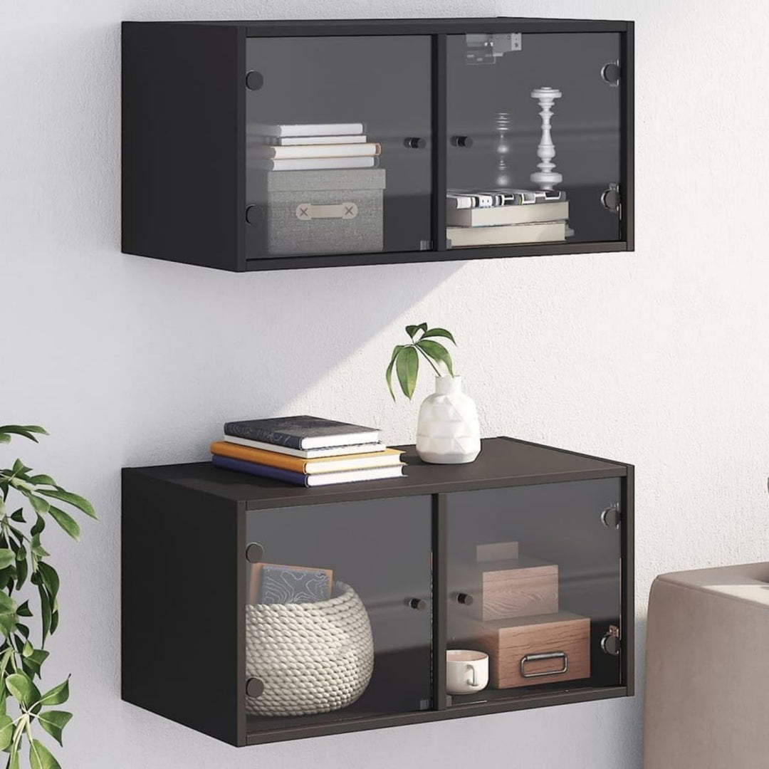 Armadio Casa Giardino Pensile Armadietti con Ante in Vetro 2 pz Nero 68.5x37x35 cm